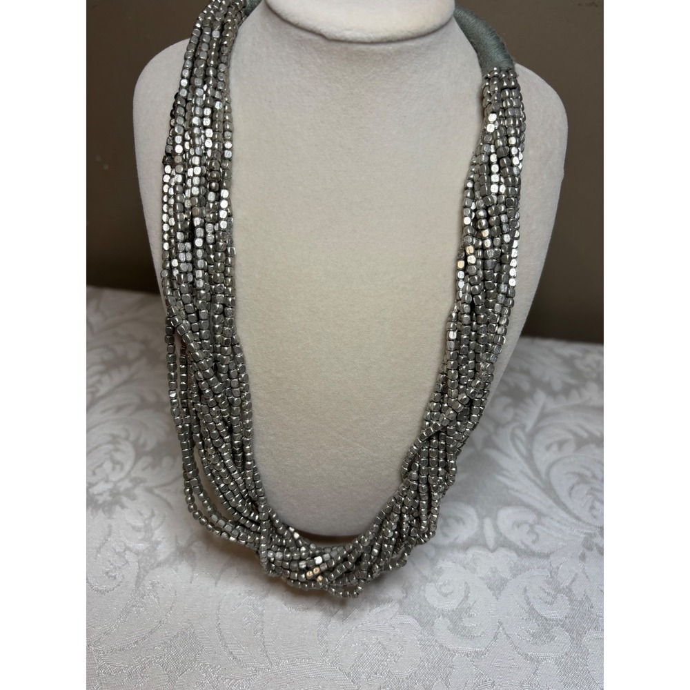 Gunmetal Gray Multi Strand Beaded Statement Necklace Silver Tone Metallic Nugget